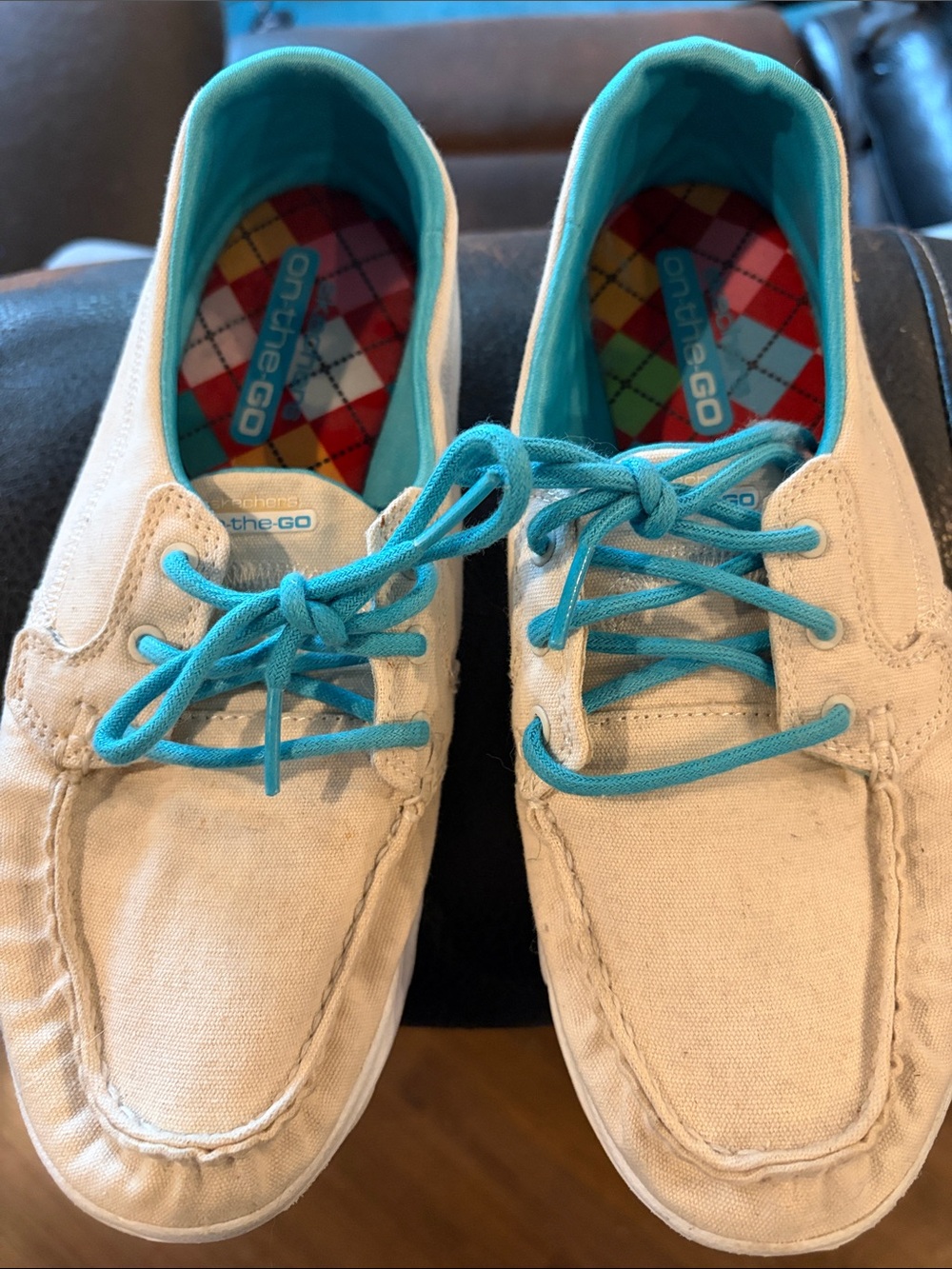 Skechers Women’s Canvas Boat Shoes in Cream with Turquoise Accents